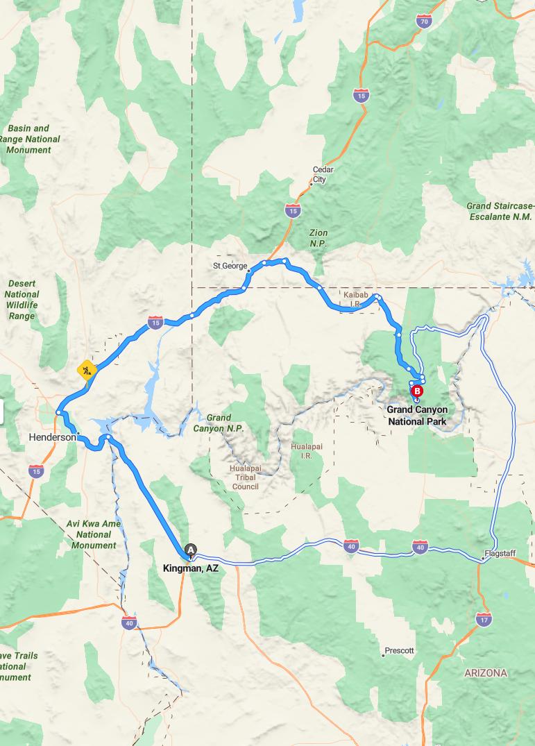 driving from Kingman, Arizona to Grand CanyonArizona - map and route