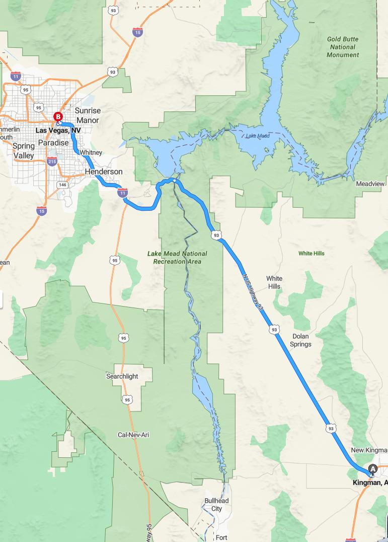 driving from Kingman, Arizona to Las VegasNevada - map and route