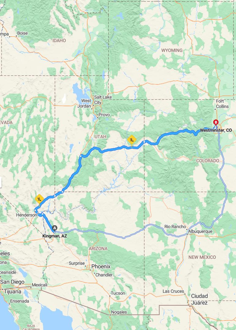 driving from Kingman, Arizona to WestminsterColorado - map and route