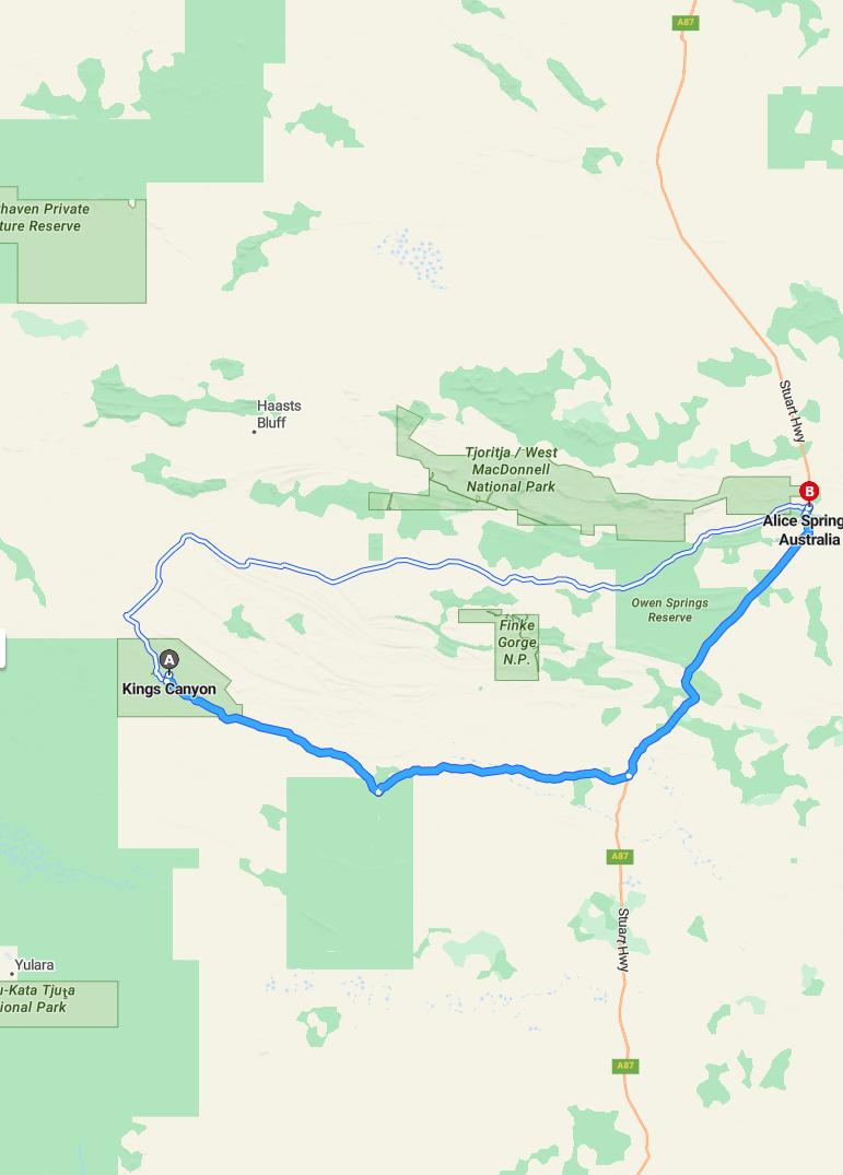 driving from Kings Canyon, Northern Territory to Alice SpringsNorthern Territory - map and route