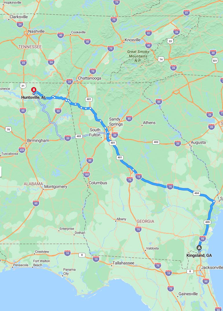 driving from Kingsland, Georgia to HuntsvilleAlabama - map and route