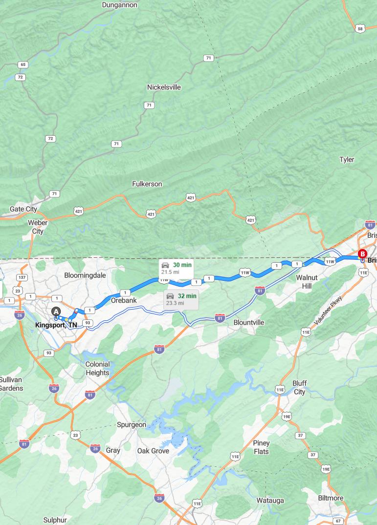 driving from Kingsport, Tennessee to BristolTennessee - map and route