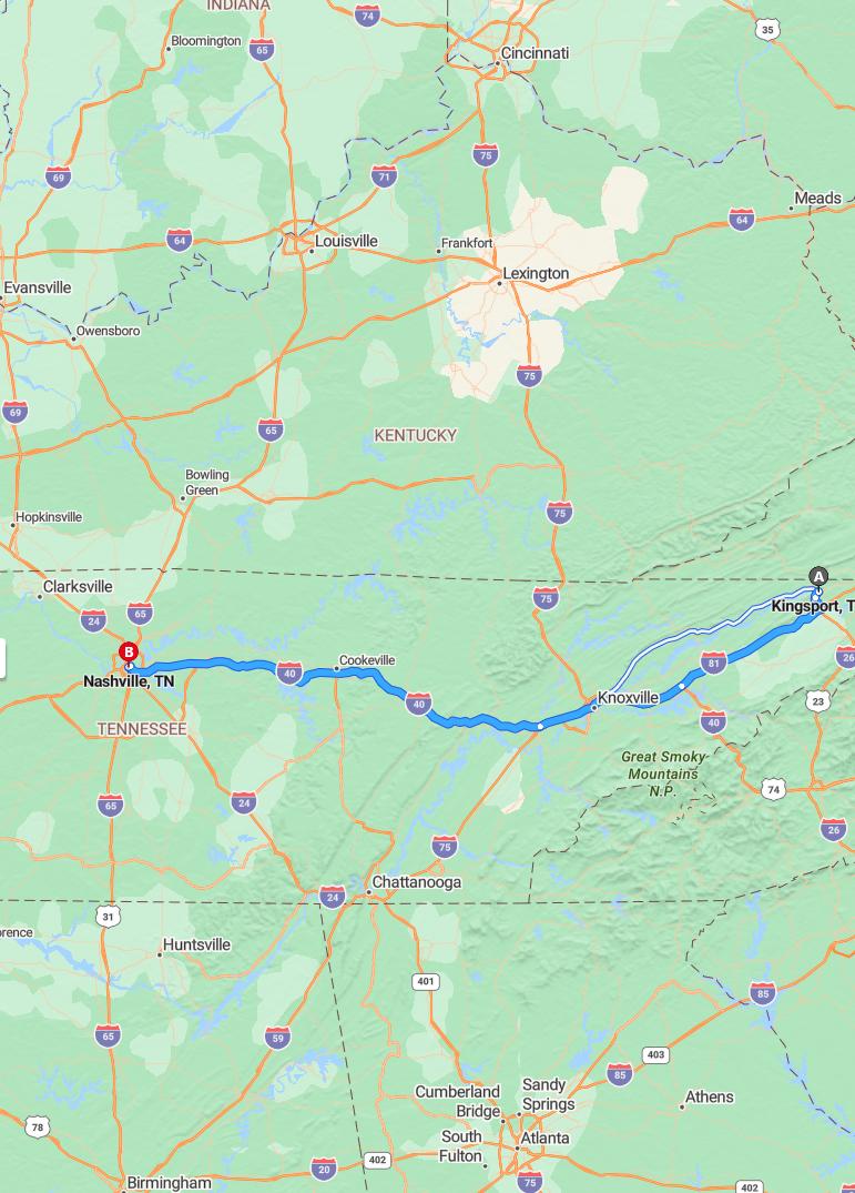 driving from Kingsport, Tennessee to NashvilleTennessee - map and route