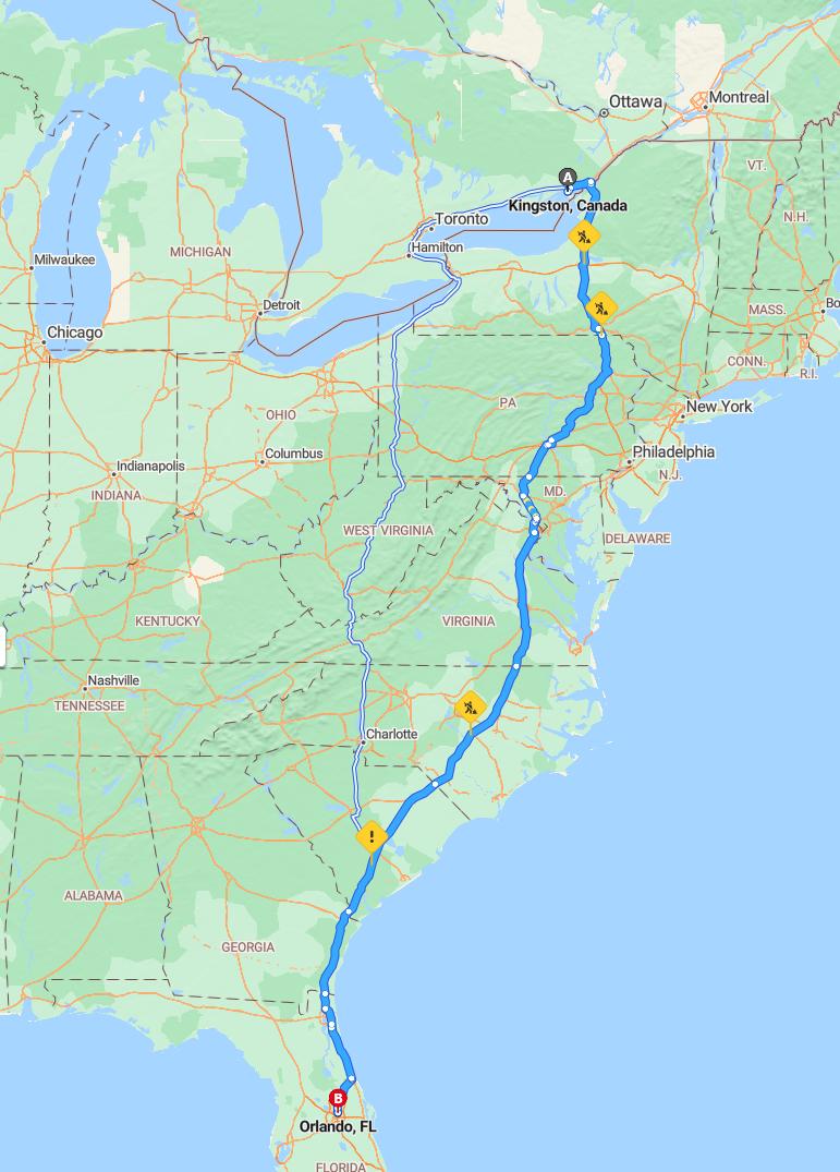 driving from Kingston, Ontario to OrlandoFlorida - map and route