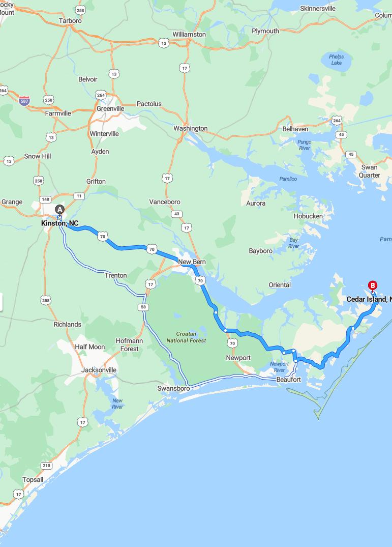 driving from Kinston, North Carolina to Cedar IslandNorth Carolina - map and route