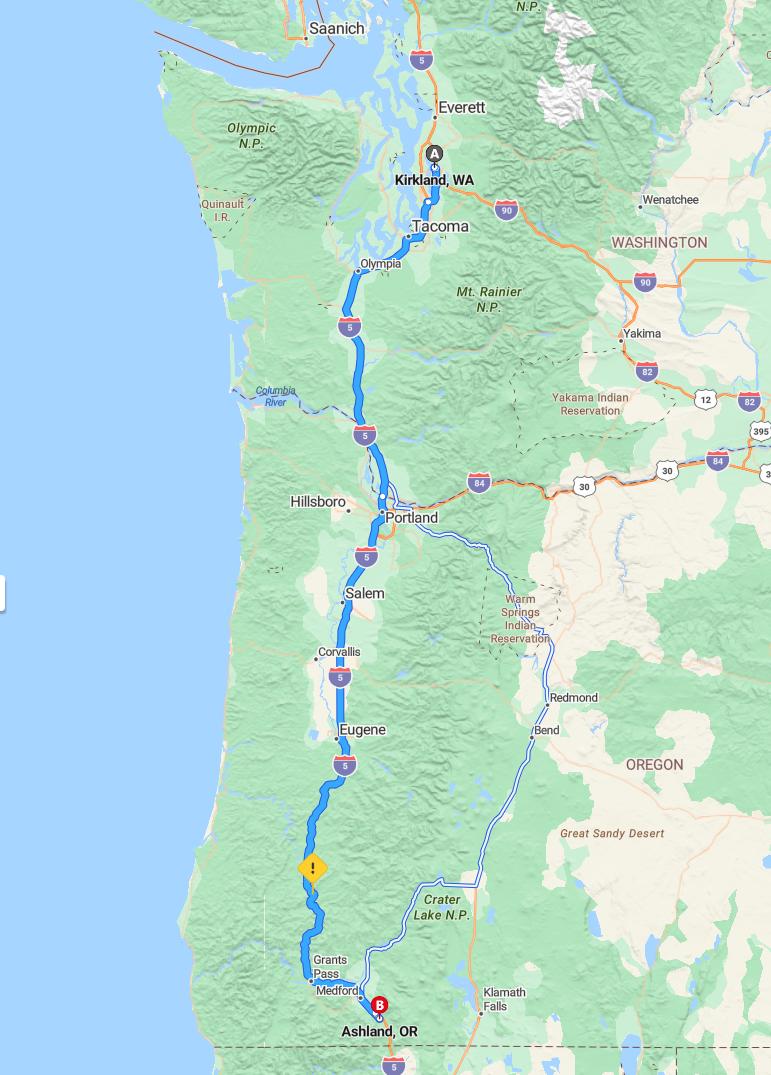 driving from Kirkland, Washington to AshlandOregon - map and route