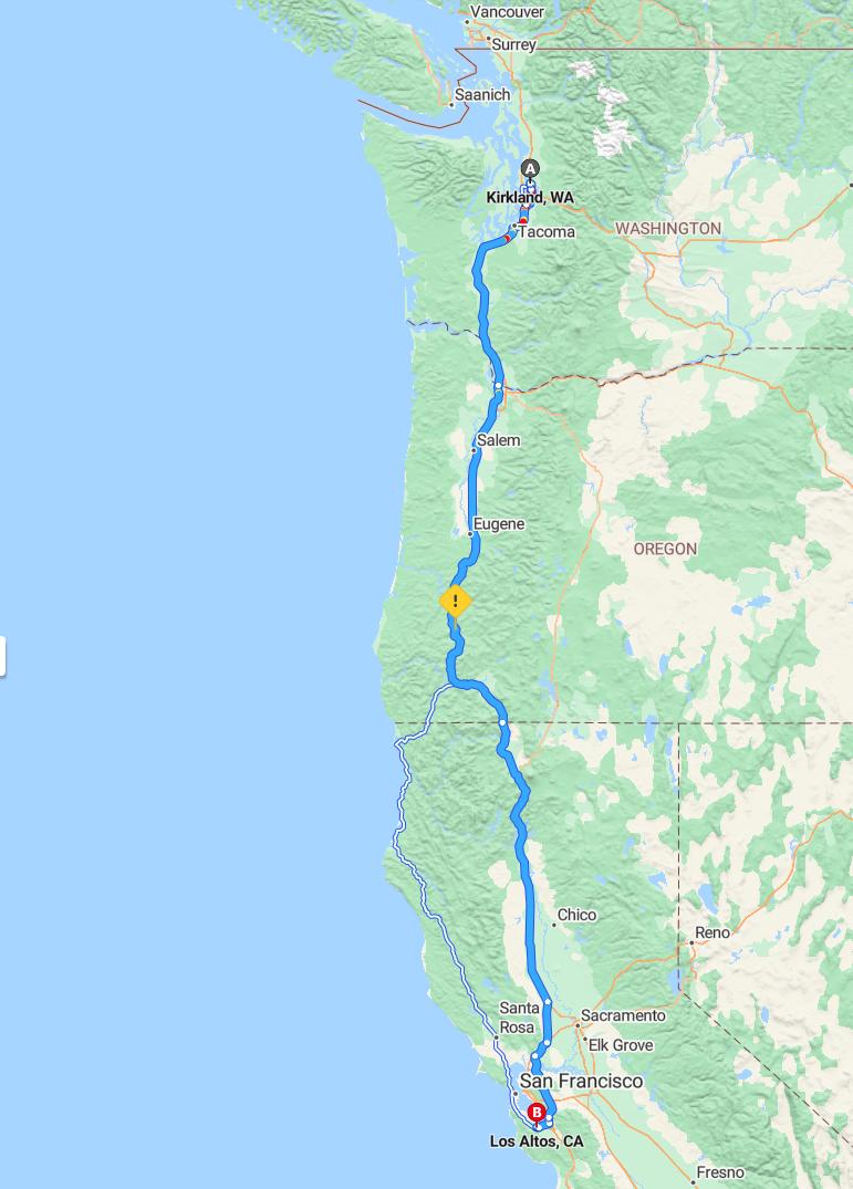 driving from Kirkland, Washington to Los AltosCalifornia - map and route