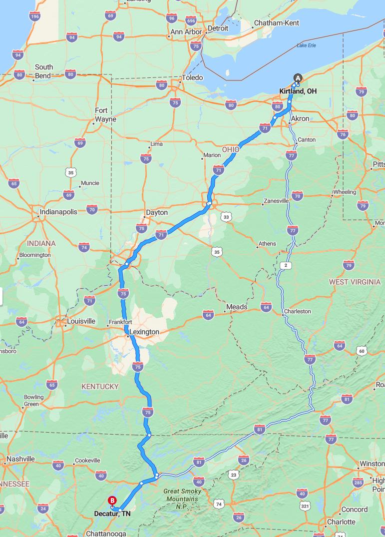 driving from Kirtland, Ohio to DecaturTennessee - map and route