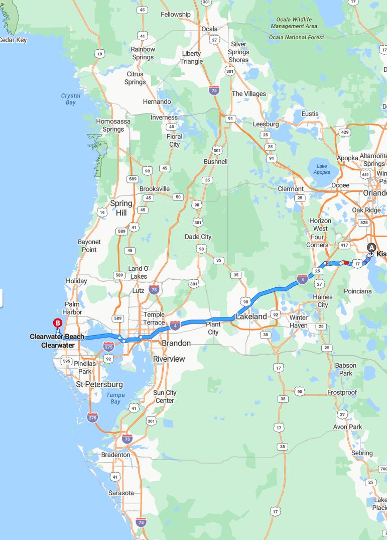 driving from Kissimmee, Florida to Clearwater BeachFlorida - map and route