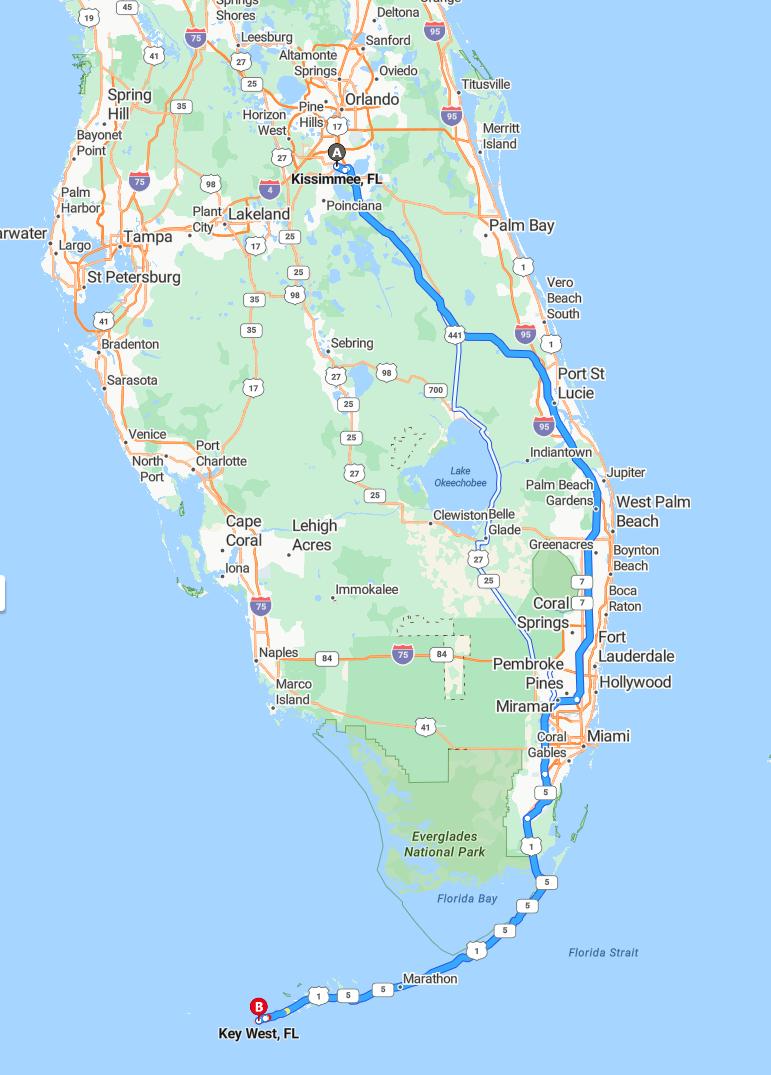 driving from Kissimmee, Florida to Key WestFlorida - map and route