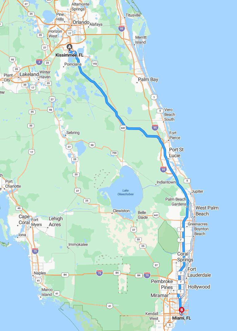 driving from Kissimmee, Florida to MiamiFlorida - map and route