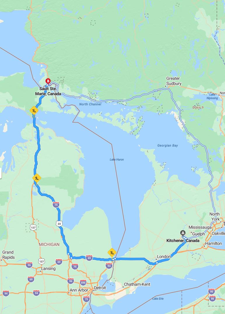 driving from Kitchener, Ontario to Sault Ste. MarieOntario - map and route
