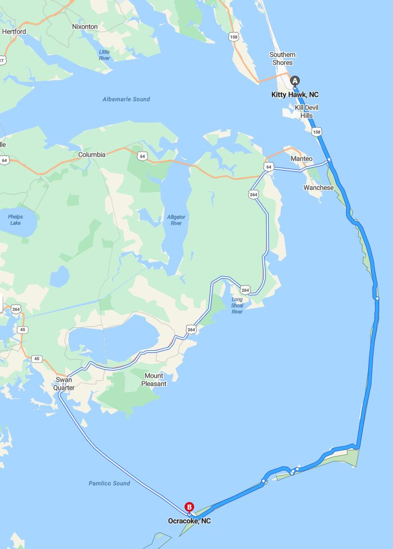 driving from Kitty Hawk, North Carolina to OcracokeNorth Carolina - map and route