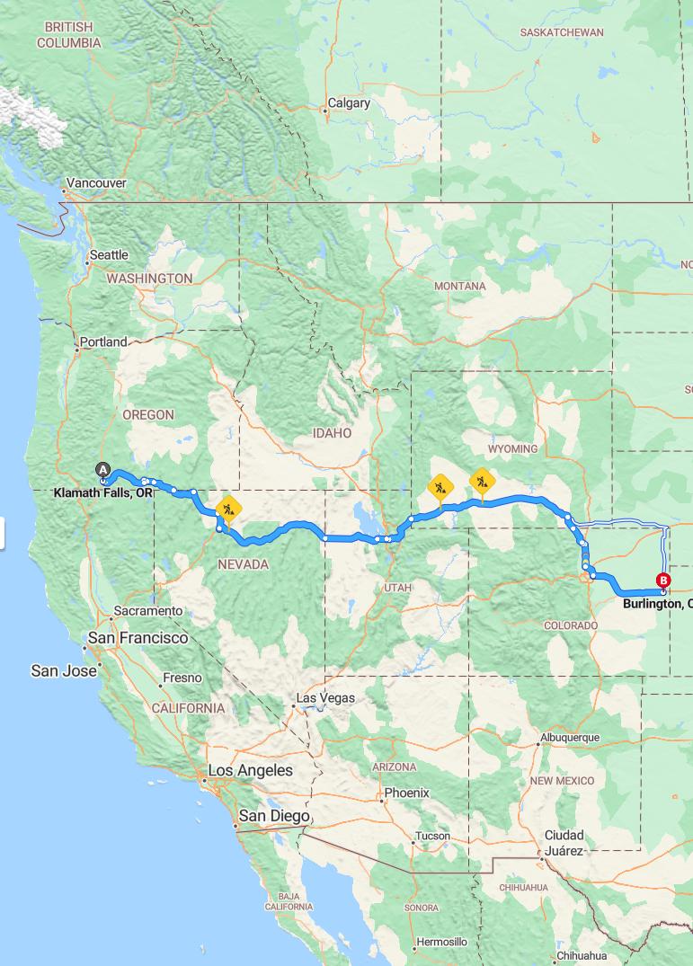 driving from Klamath Falls, Oregon to BurlingtonColorado - map and route