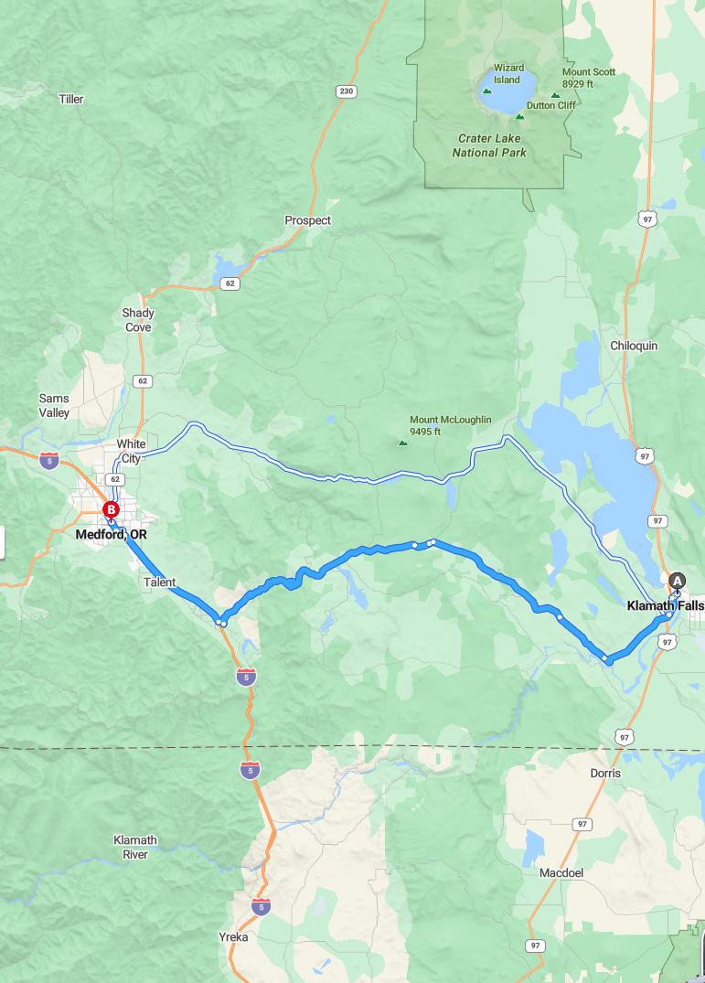 driving from Klamath Falls, Oregon to MedfordOregon - map and route