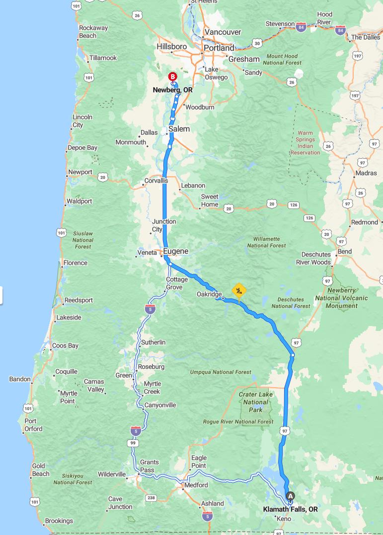 driving from Klamath Falls, Oregon to NewbergOregon - map and route