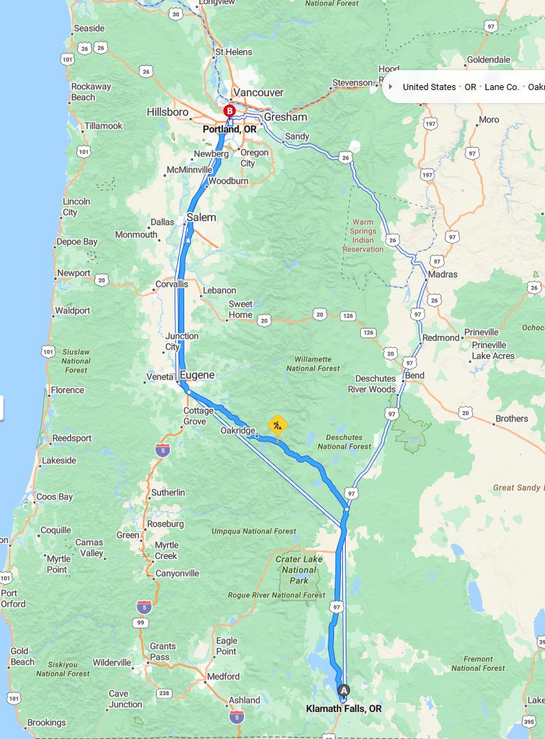 driving from Klamath Falls, Oregon to PortlandOregon - map and route
