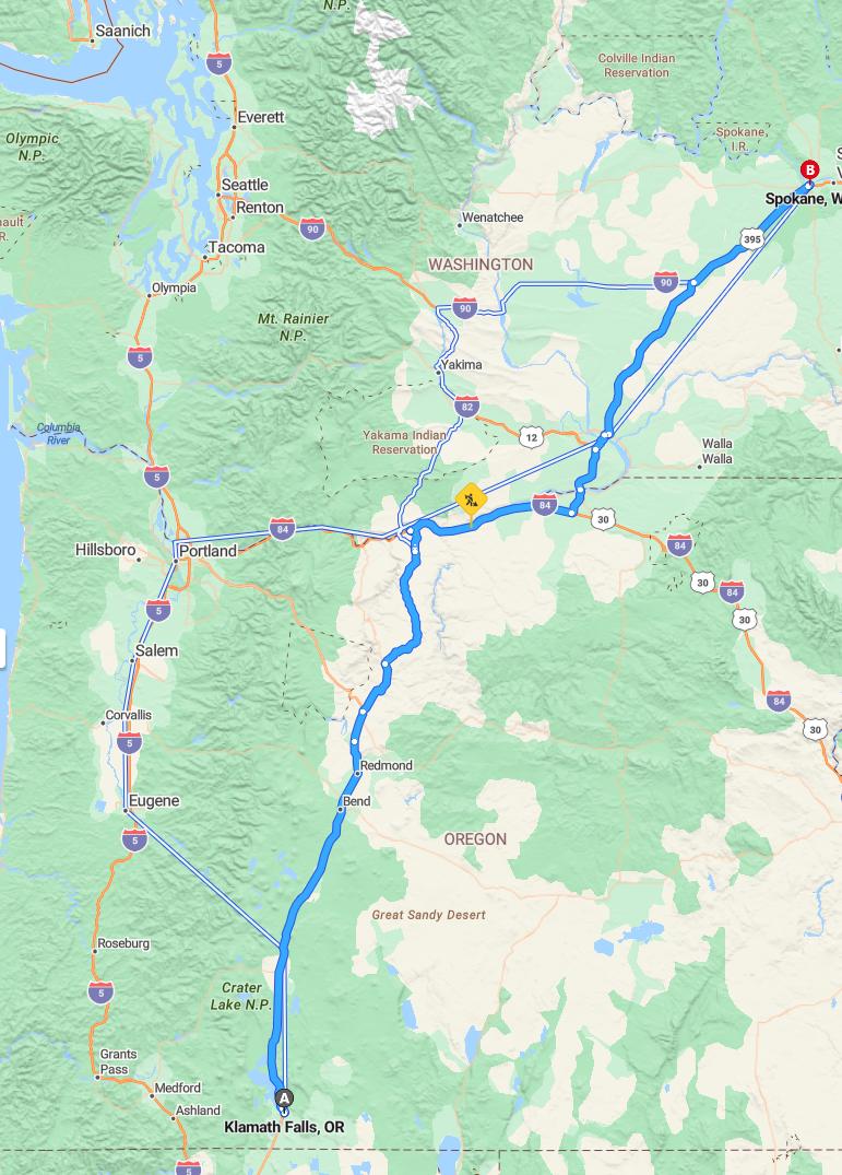 driving from Klamath Falls, Oregon to SpokaneWashington - map and route
