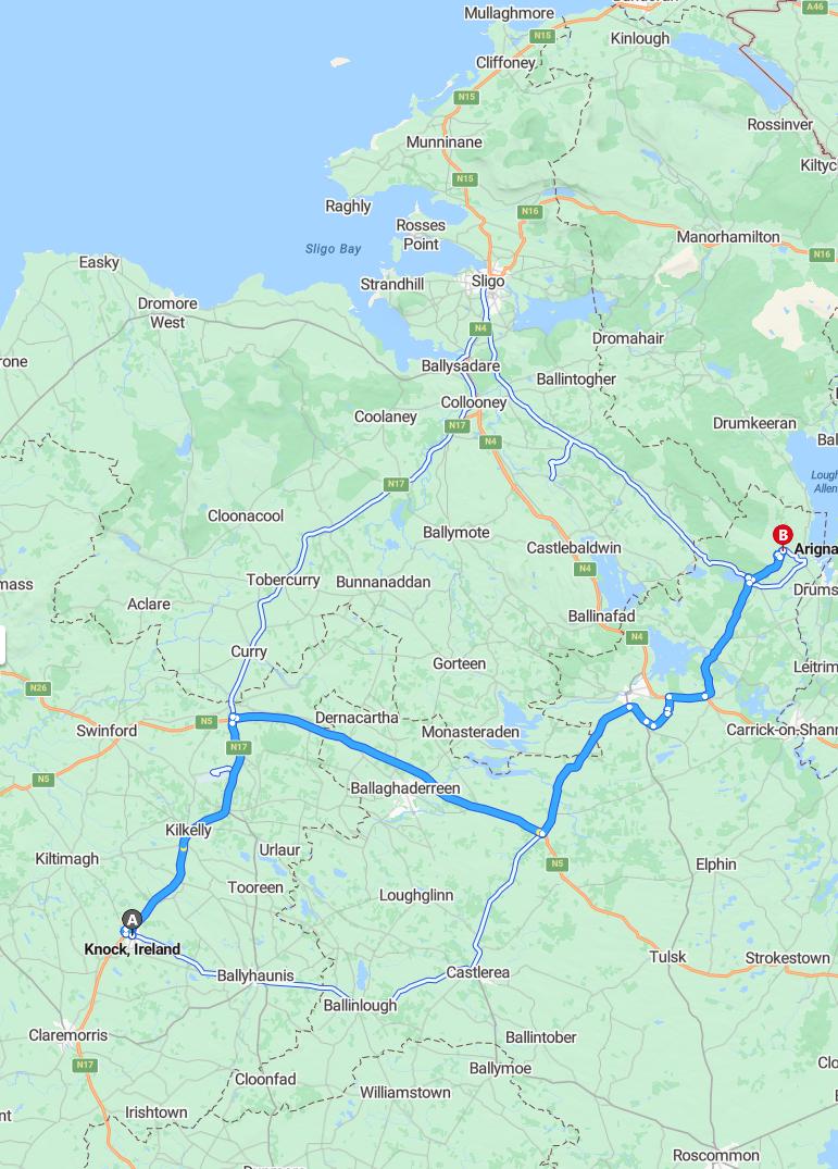 driving from Knock, County Mayo to ArignaCounty Roscommon - map and route