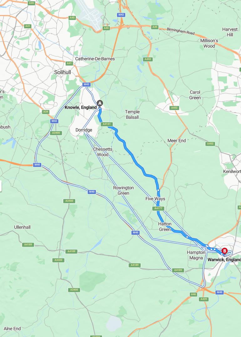 driving from Knowle, West Midlands to WarwickWarwickshire - map and route
