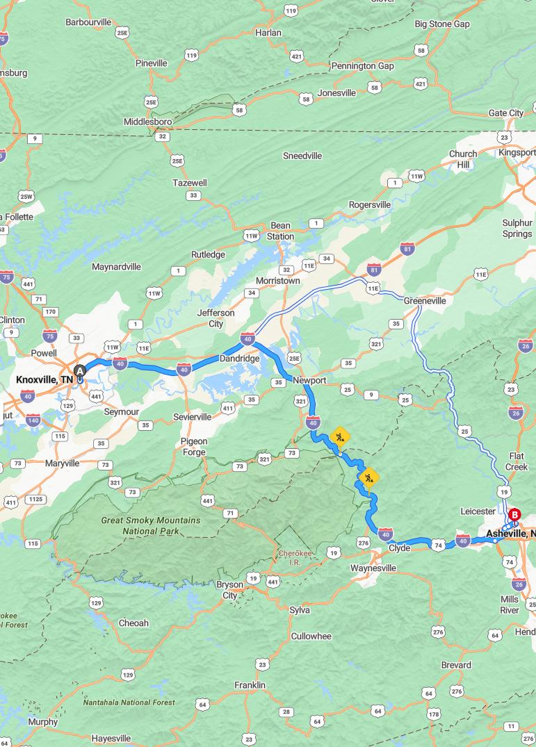 driving from Knoxville, Tennessee to AshevilleNorth Carolina - map and route