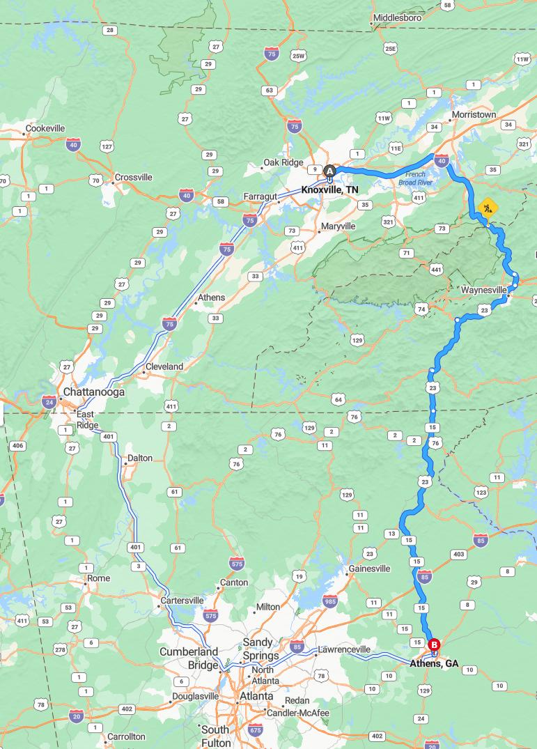 driving from Knoxville, Tennessee to AthensGeorgia - map and route