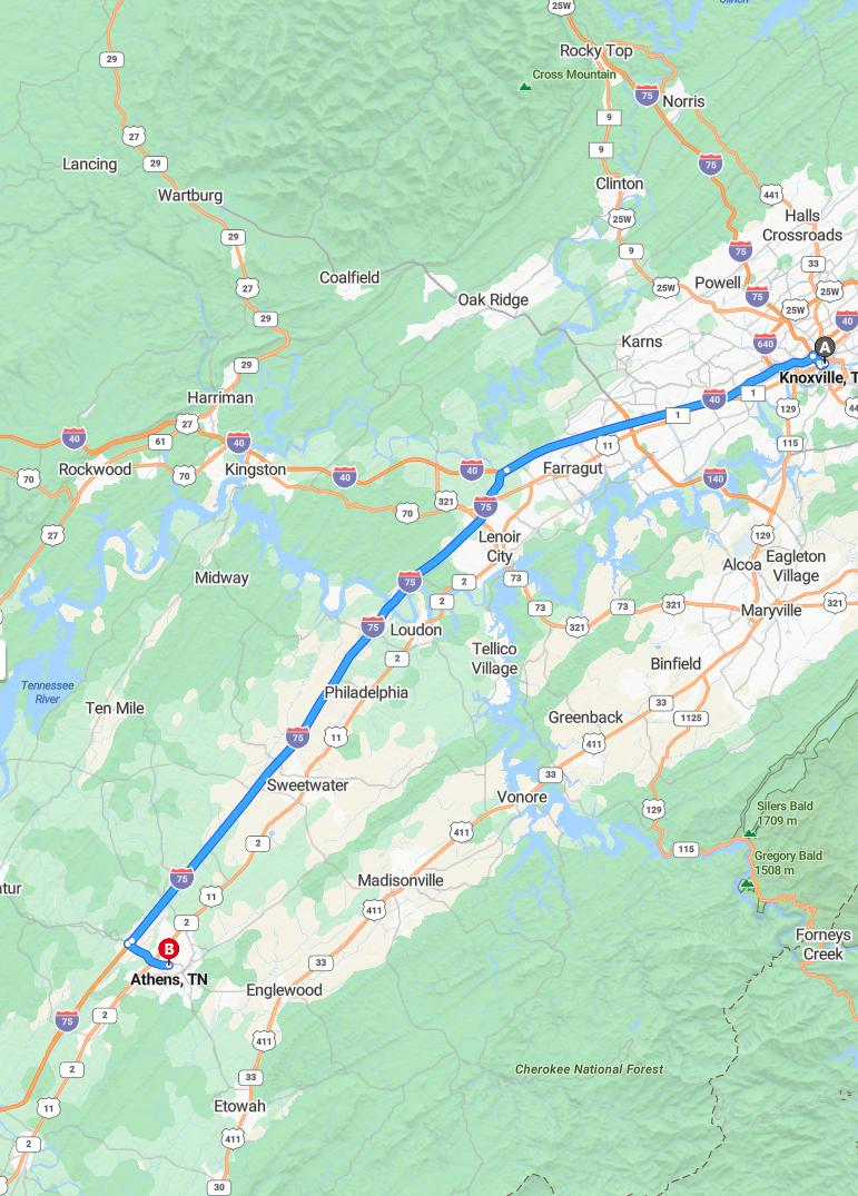 driving from Knoxville, Tennessee to AthensTennessee - map and route
