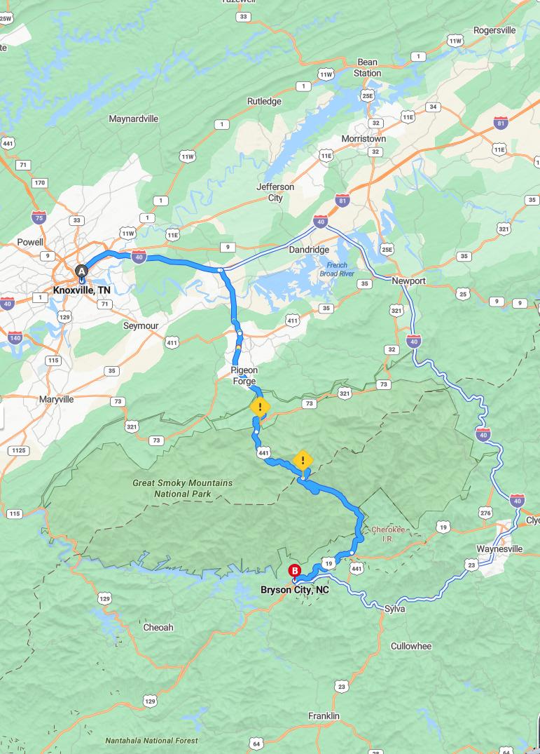 driving from Knoxville, Tennessee to Bryson CityNorth Carolina - map and route