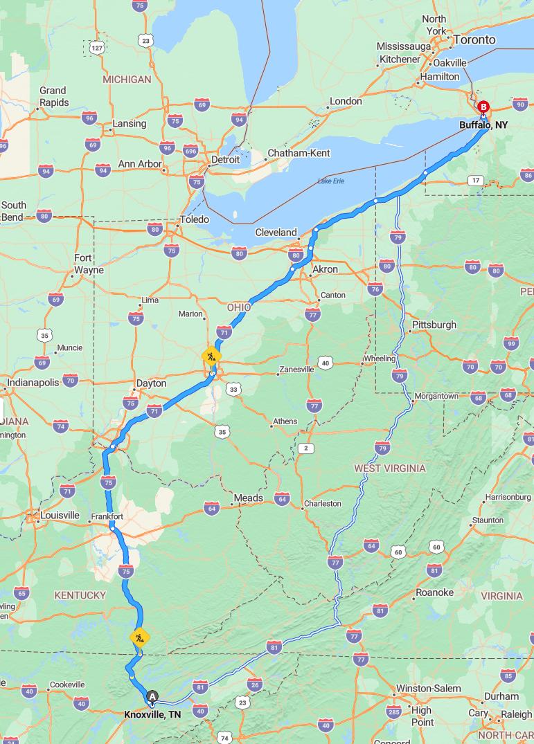 driving from Knoxville, Tennessee to BuffaloNew York - map and route