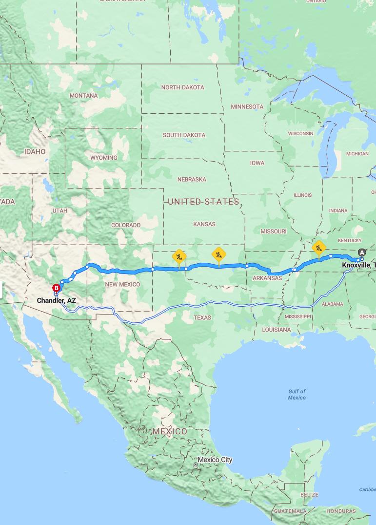 driving from Knoxville, Tennessee to ChandlerArizona - map and route