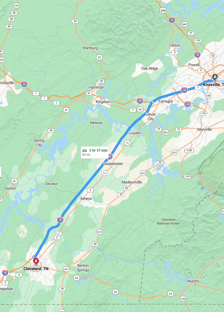 driving from Knoxville, Tennessee to ClevelandTennessee - map and route