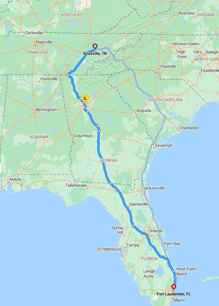 driving from Knoxville, Tennessee to Fort LauderdaleFlorida - map and route