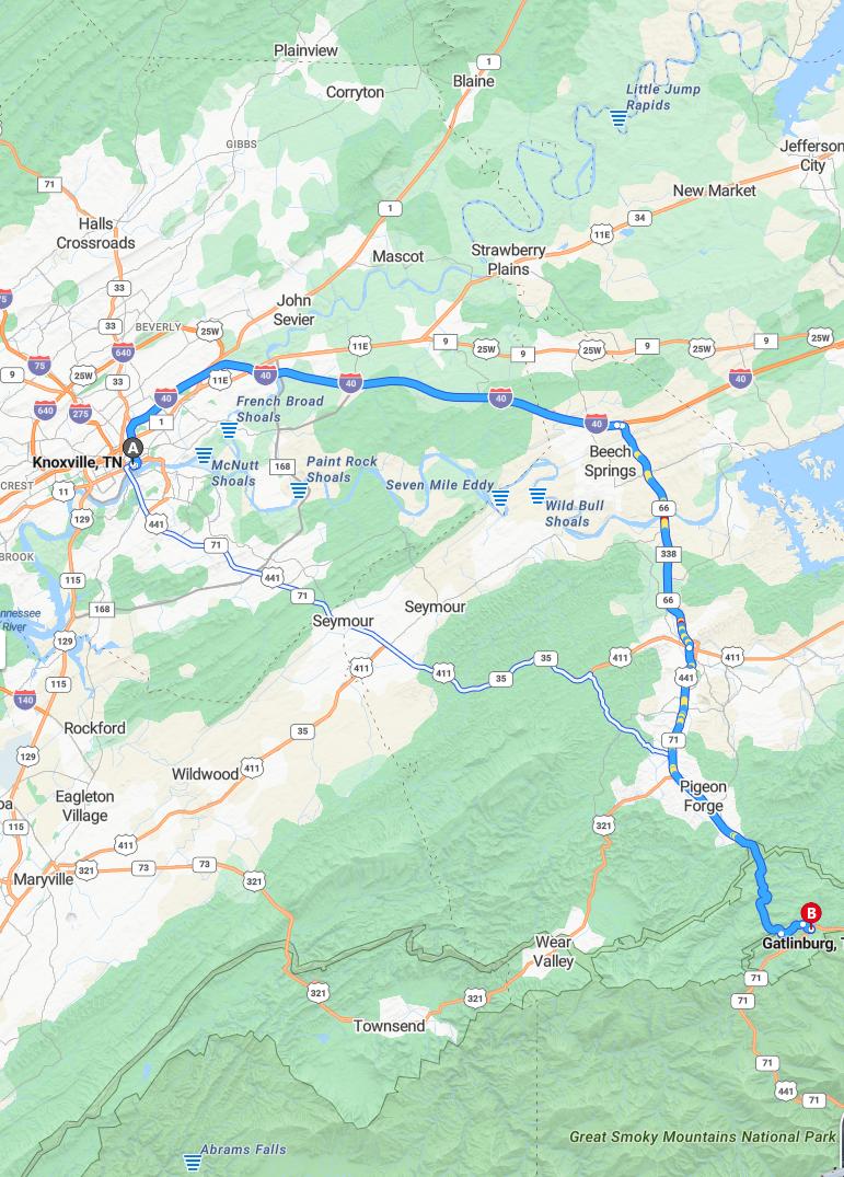 driving from Knoxville, Tennessee to GatlinburgTennessee - map and route