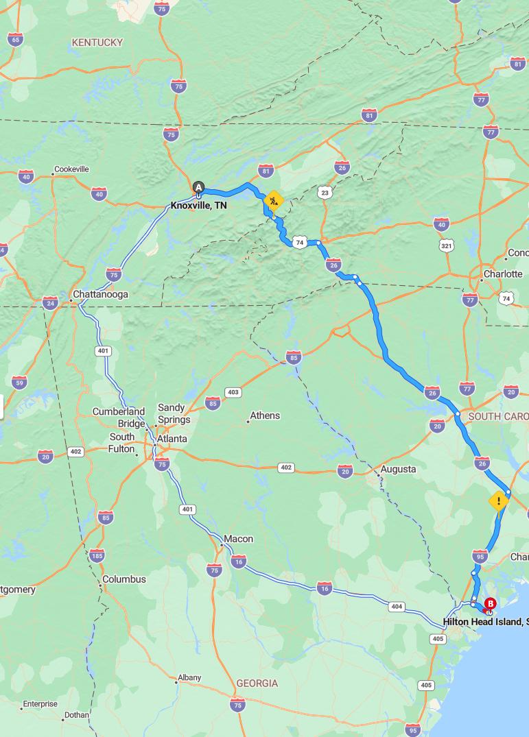 driving from Knoxville, Tennessee to Hilton Head IslandSouth Carolina - map and route