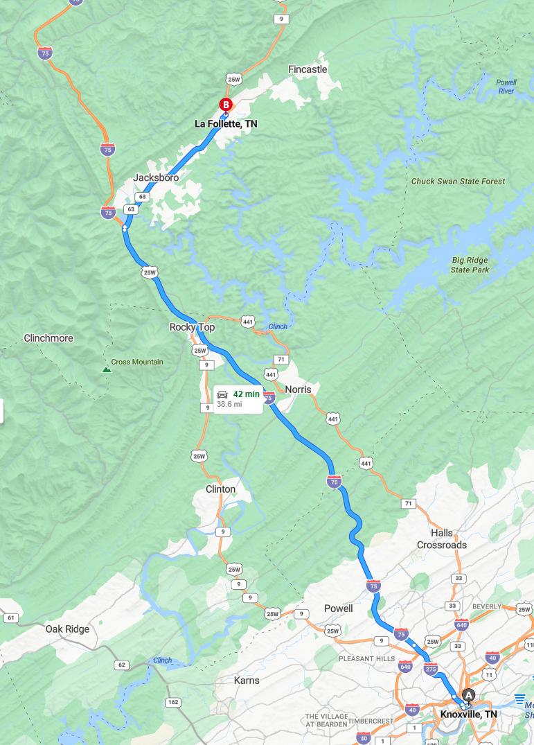 driving from Knoxville, Tennessee to LaFolletteTennessee - map and route