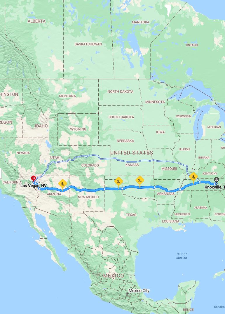 driving from Knoxville, Tennessee to Las VegasNevada - map and route