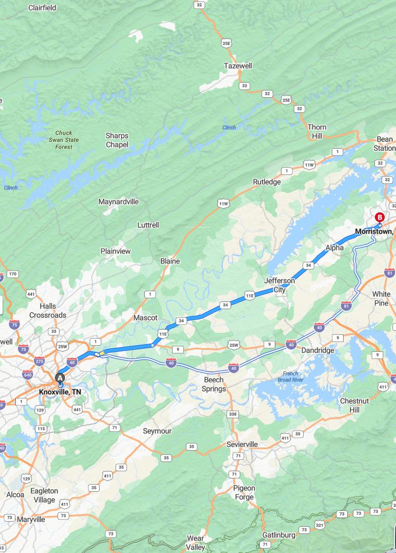 driving from Knoxville, Tennessee to MorristownTennessee - map and route
