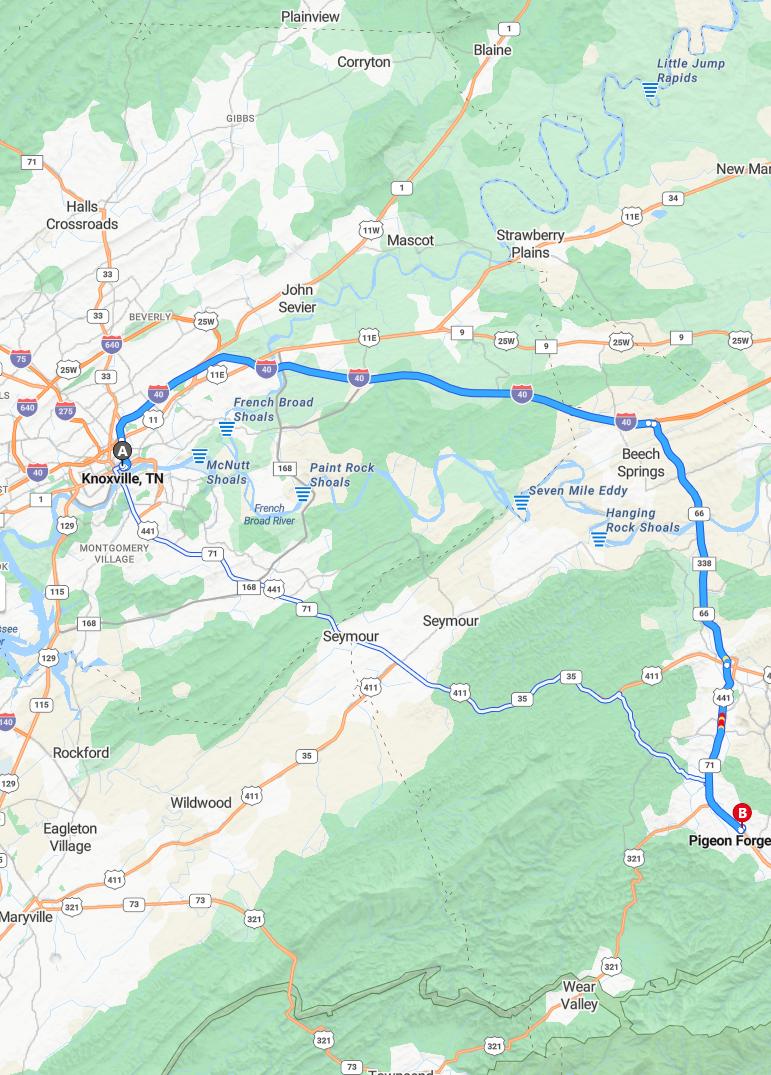 driving from Knoxville, Tennessee to Pigeon ForgeTennessee - map and route