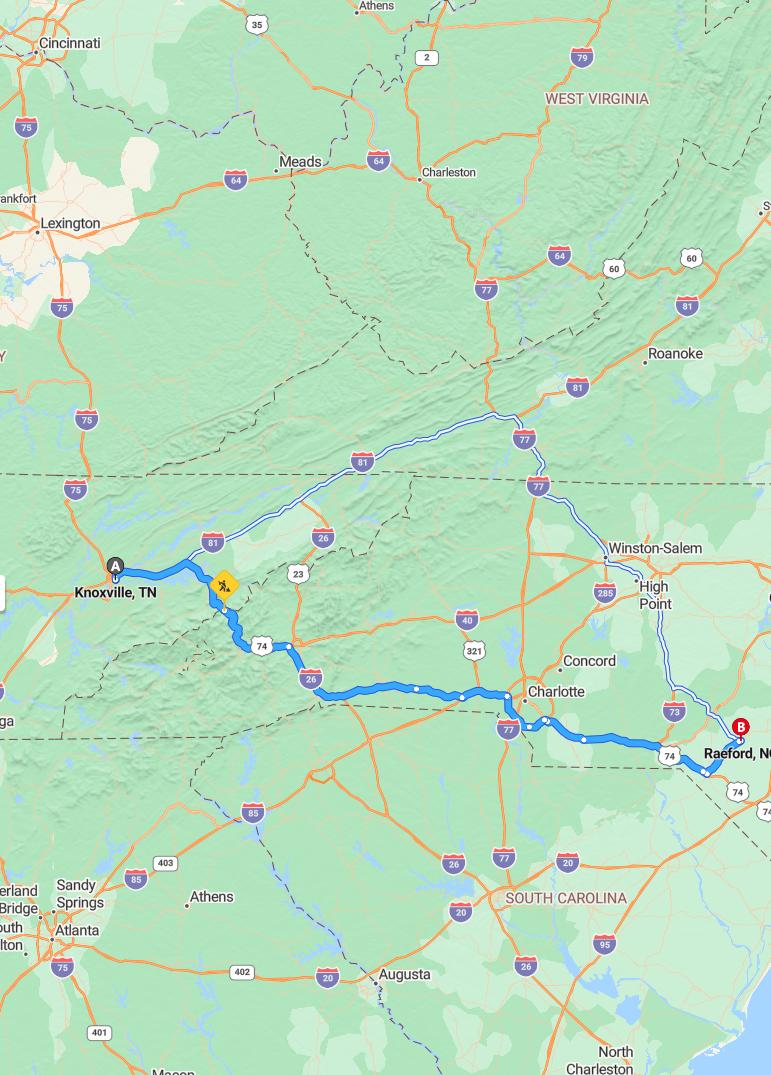 driving from Knoxville, Tennessee to RaefordNorth Carolina - map and route