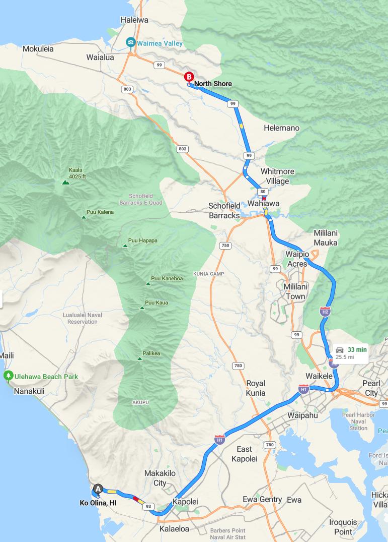 driving from Ko Olina, Hawaii to North ShoreHawaii - map and route