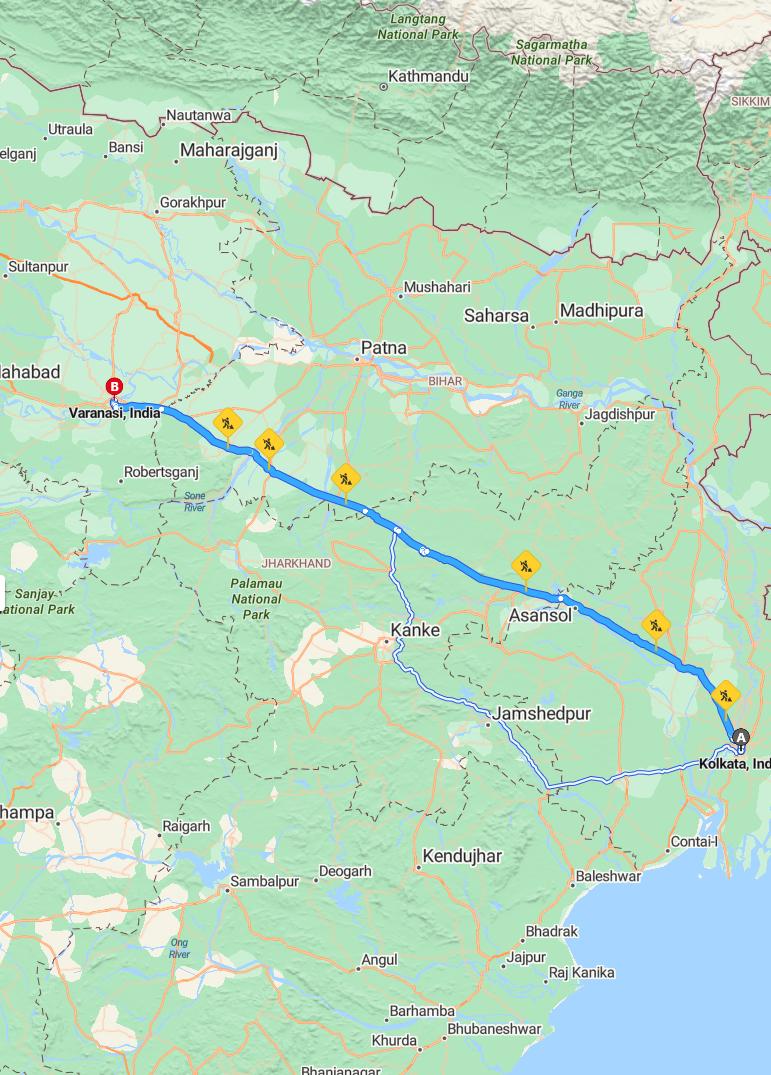 driving from Kolkata, West Bengal to VaranasiUttar Pradesh - map and route