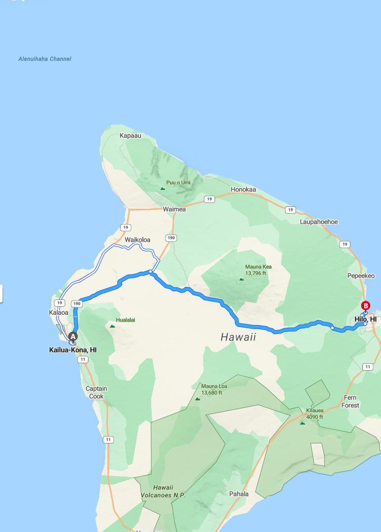 driving from Kona, Hawaii to HiloHawaii - map and route