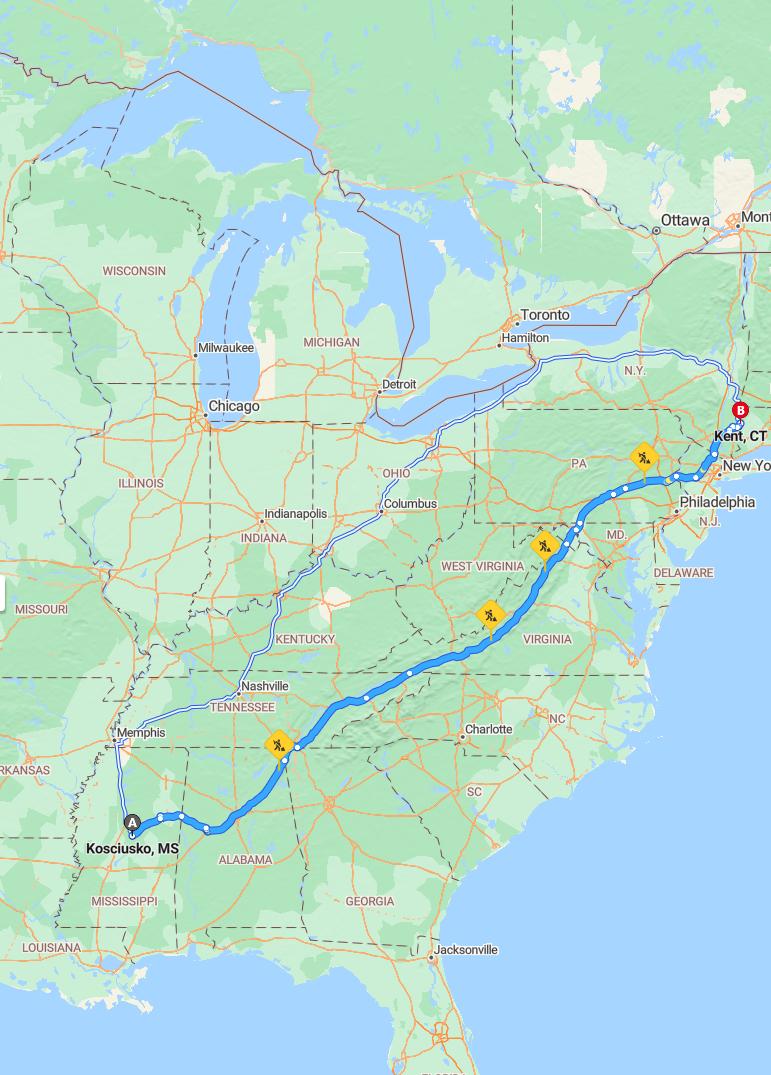 driving from Kosciusko, Mississippi to KentConnecticut - map and route