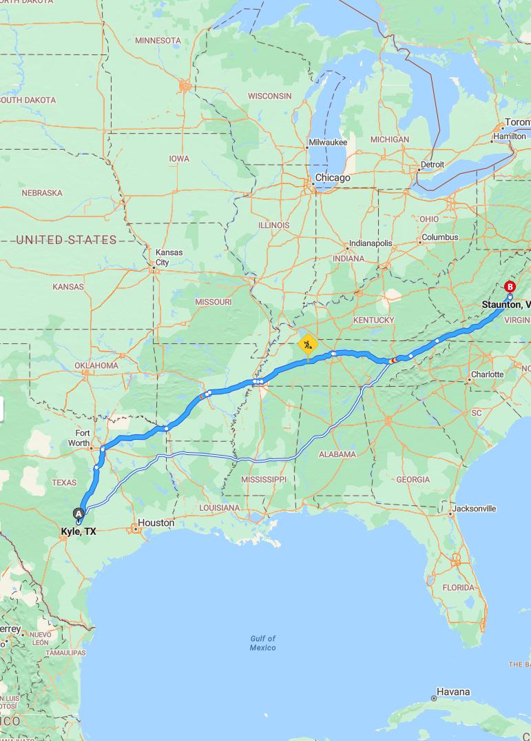 driving from Kyle, Texas to StauntonVirginia - map and route