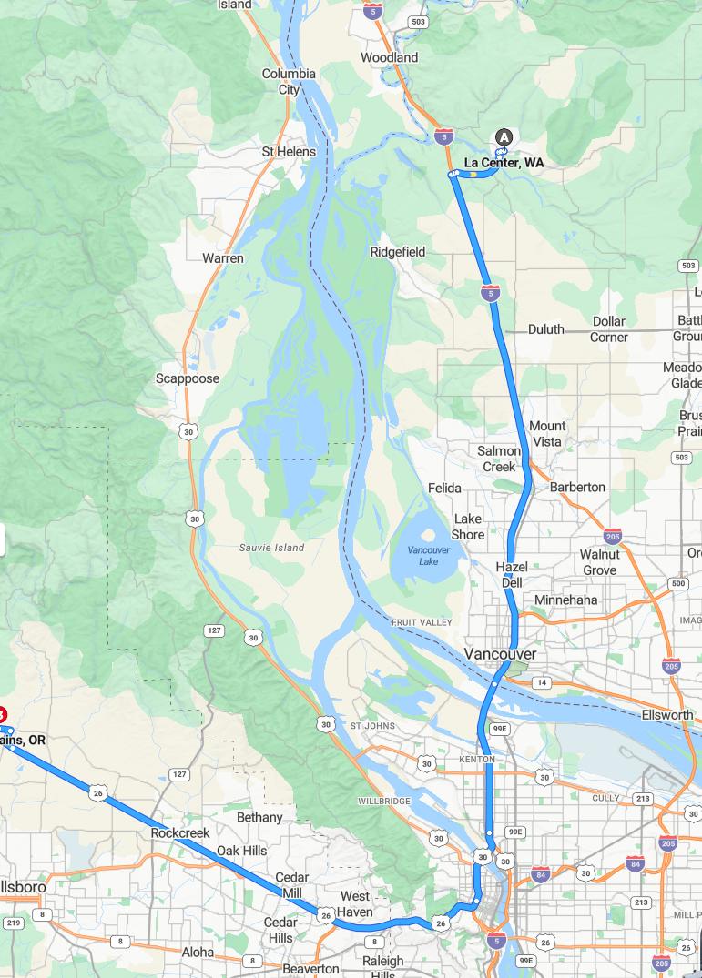 driving from La Center, Washington to North PlainsOregon - map and route