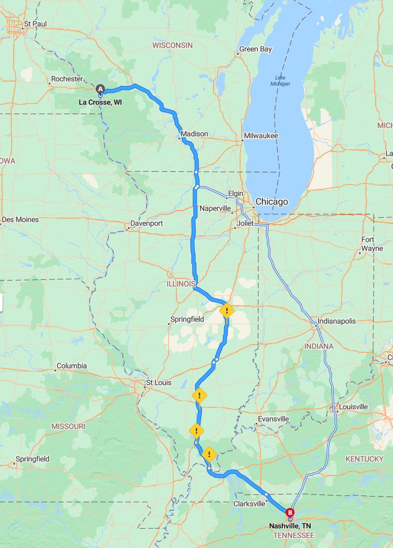 driving from La Crosse, Wisconsin to NashvilleTennessee - map and route