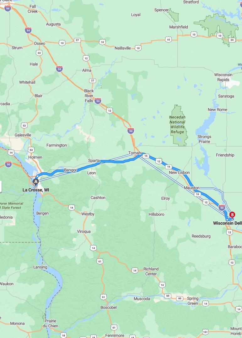 driving from La Crosse, Wisconsin to Wisconsin DellsWisconsin - map and route
