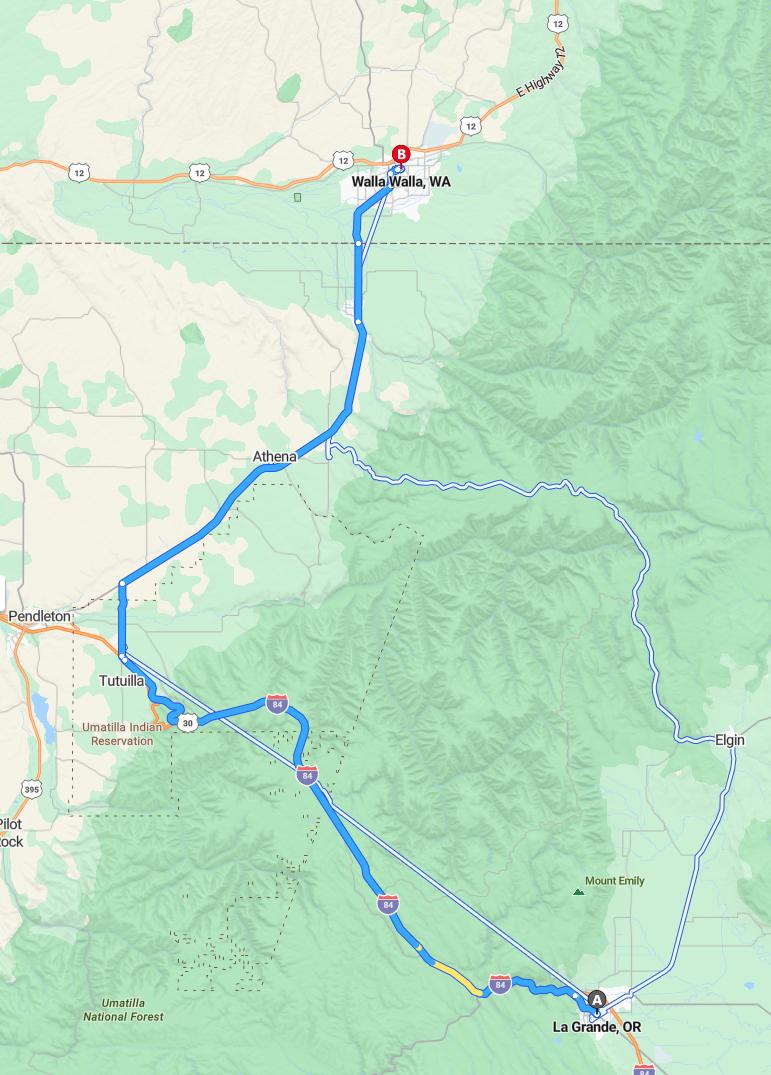 driving from La Grande, Oregon to Walla WallaWashington - map and route