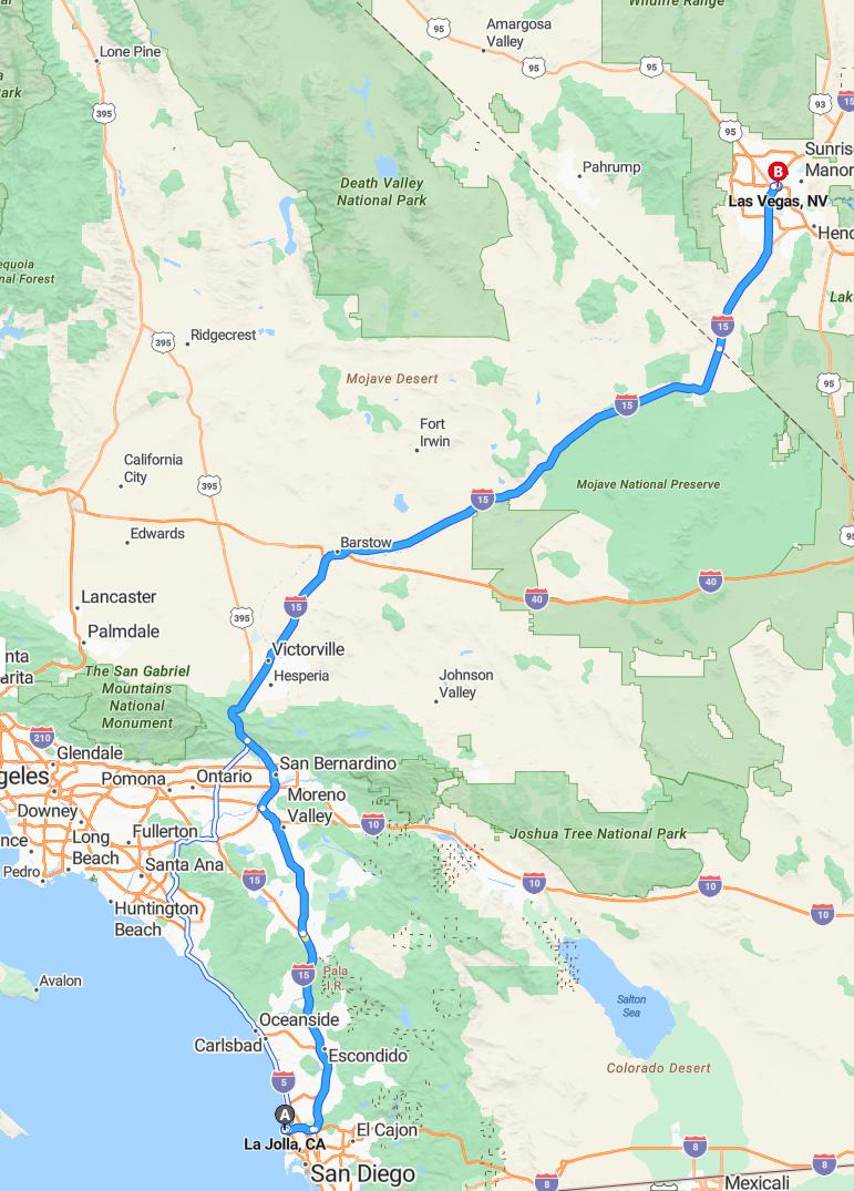 driving from La Jolla, California to Las VegasNevada - map and route