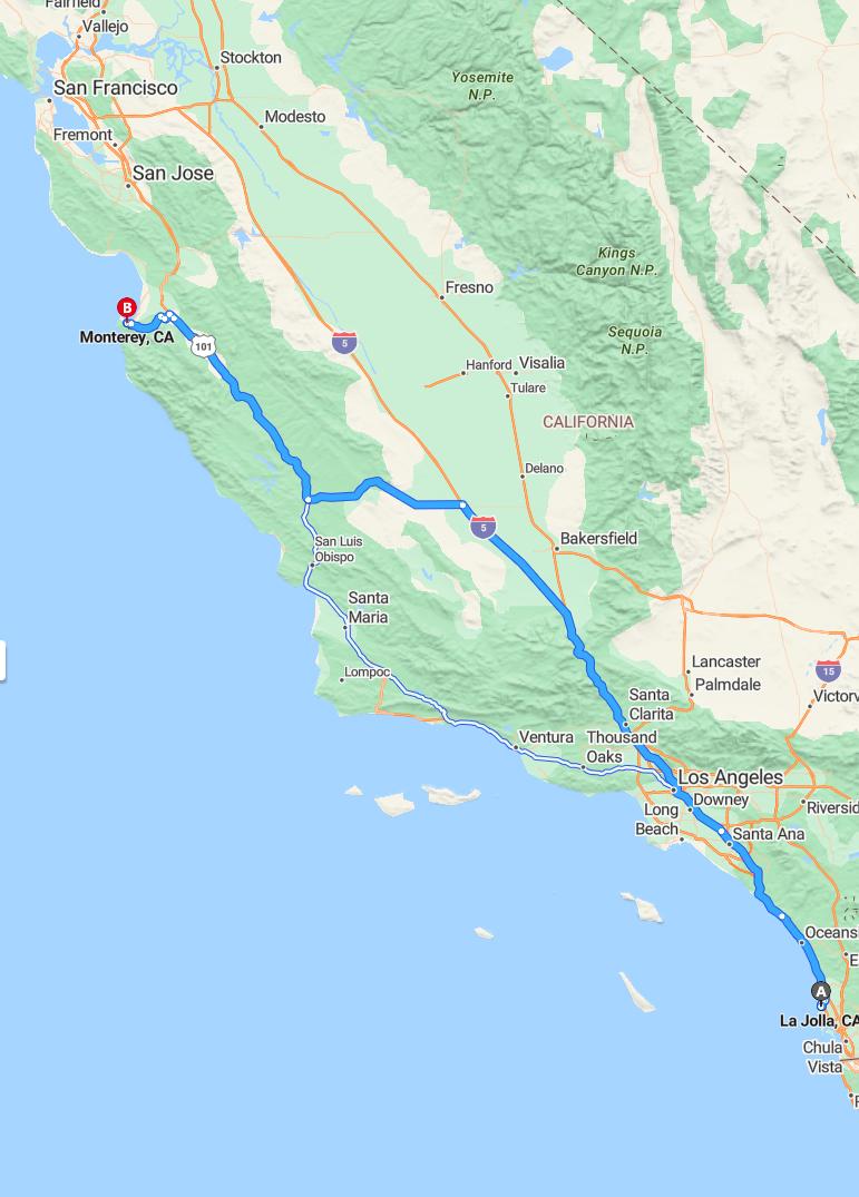 driving from La Jolla, California to MontereyCalifornia - map and route